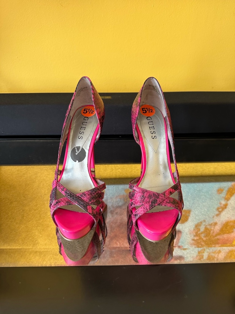 GUESS Hot Pink Snake-Print Open-Toe Platform Heels